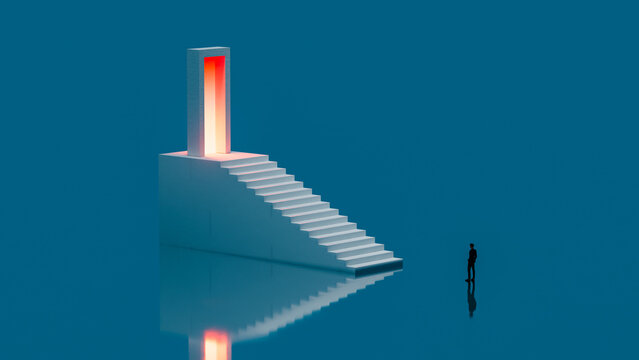 Lone Man Facing Stairs to Illuminated Threshold