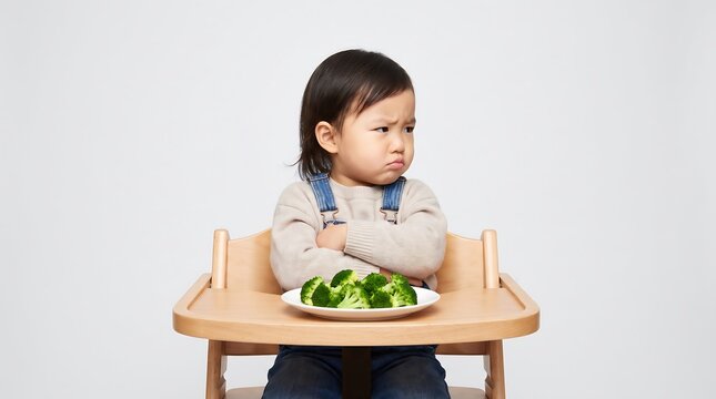 Unhappy stubborn toddler refusing to eat green broccoli vegetables sitting in high chair with crossed arms