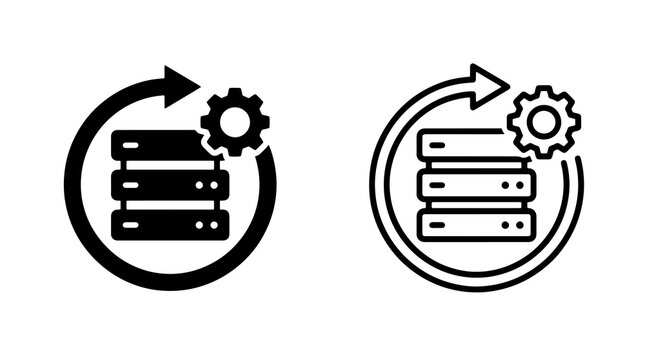 Server update vector icons with sync arrow and gear symbol