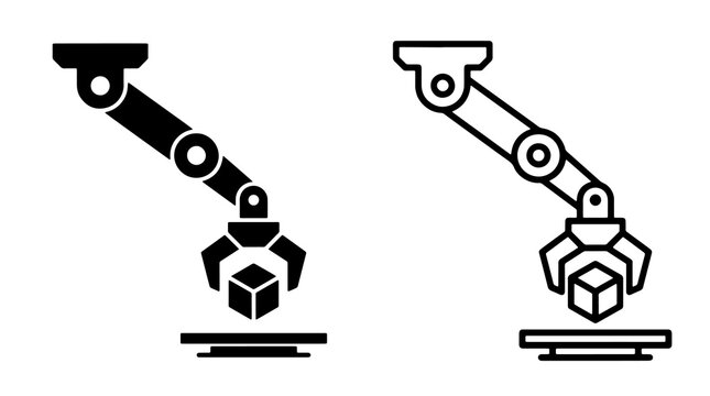 Black and white robotic arm vector icon set handling a cube
