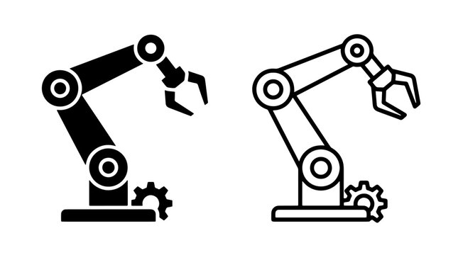 Industrial robotic arm vector icons set in black and white style