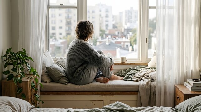 Woman sitting on window seat gazing out at a cloudy cityscape