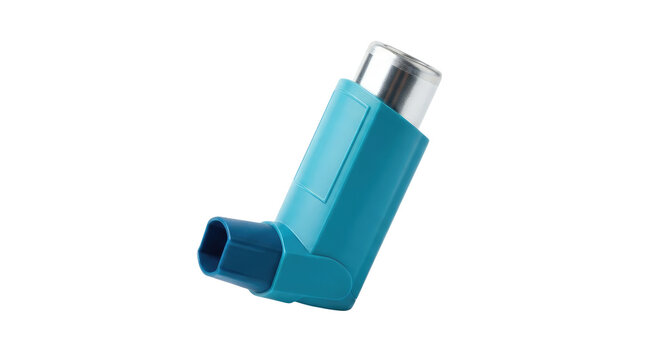A close-up studio shot of a cyan and dark blue asthma metered-dose inhaler, featuring a metallic silver canister inserted into the plastic actuator body and a dark blue mouthpiece pointing to the left