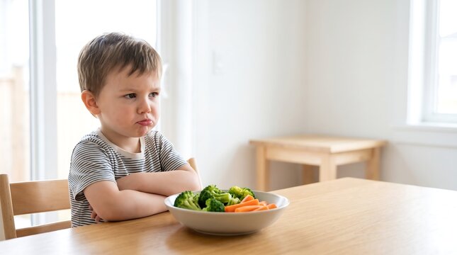 Stubborn little boy refuses to eat healthy vegetables with a grumpy expression and crossed arms at the dinner table during mealtime