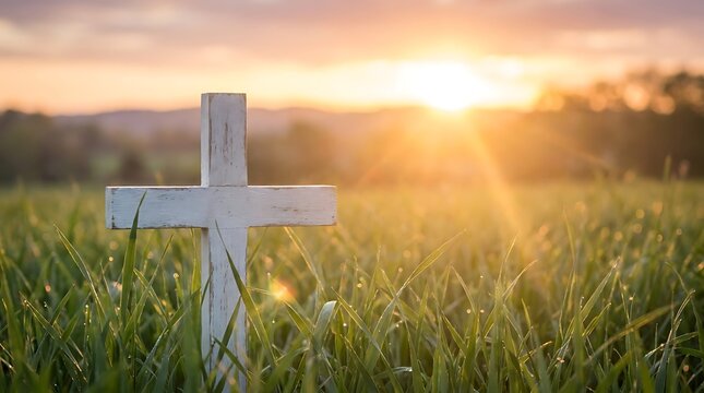Christian wooden cross standing in a green field, spiritual religious symbol at sunrise light, peaceful nature landscape for Easter and faith themes