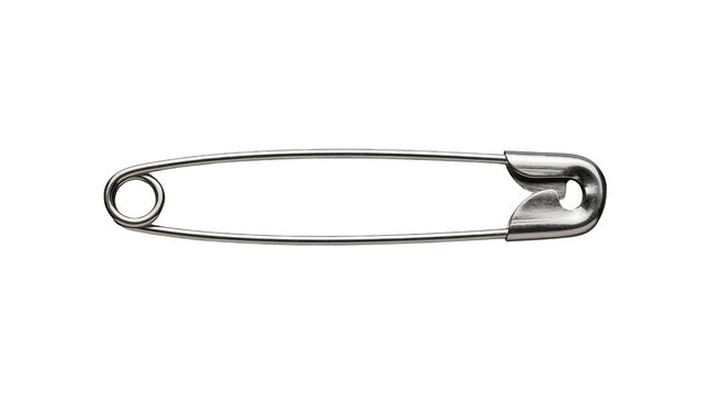 Single silver metal safety pin shown horizontally with a coiled spring on the left and a protective clasp covering the sharp point on the right side, isolated against a plain clean white background