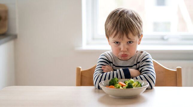 A Young Boy Refusing to Eat His Vegetables Expressing Frustration and Dislike During Mealtime at a Table in a Bright Kitchen Setting