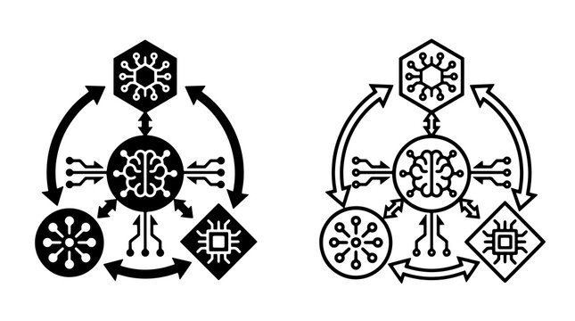 Black and white artificial intelligence diagram vector icon set