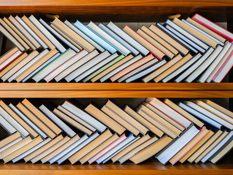 Books Leaning on Wooden Shelves