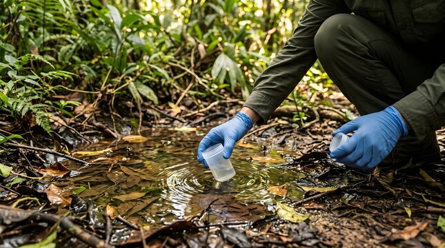 Scientist collecting water sample from forest stream for environmental research