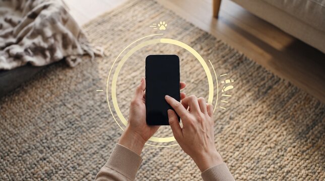 A top down view of hands holding a smartphone with graphic interface elements displayed over it.