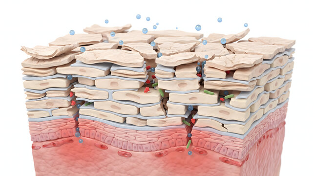 Damaged skin barrier cross section with moisture loss and bacteria entering cracks, 3D medical illustration
