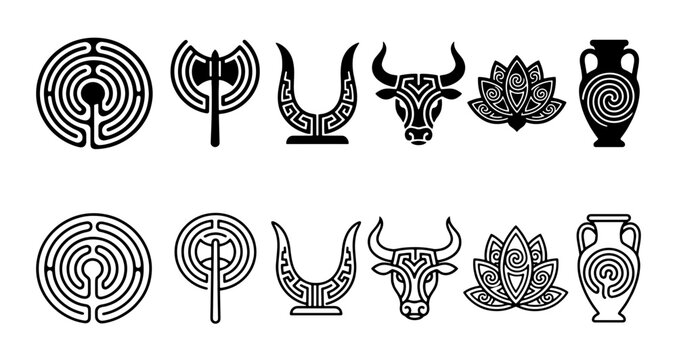 Ancient Minoan Symbols Vector Icon Set, Cretan Labrys Axe and Labyrinth Elements, Black Tribal Mythology Graphic Signs