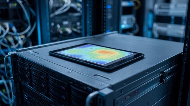 A digital tablet displaying a network analysis graph rests on top of a rack in a modern server room.