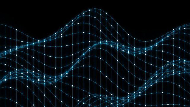 Abstract digital network wave with glowing blue dots and connecting lines on black background