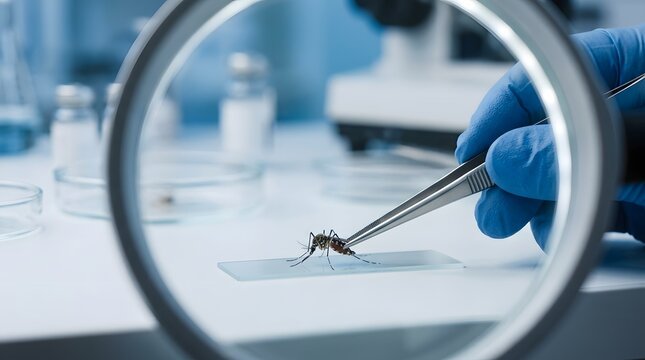 Scientist examining a sample under a magnifying glass in a laboratory setting