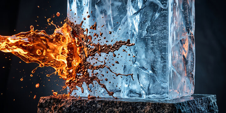 Dynamic collision of molten bronze and solid ice block on rough stone surface, depicting extreme temperature contrast and elemental forces.