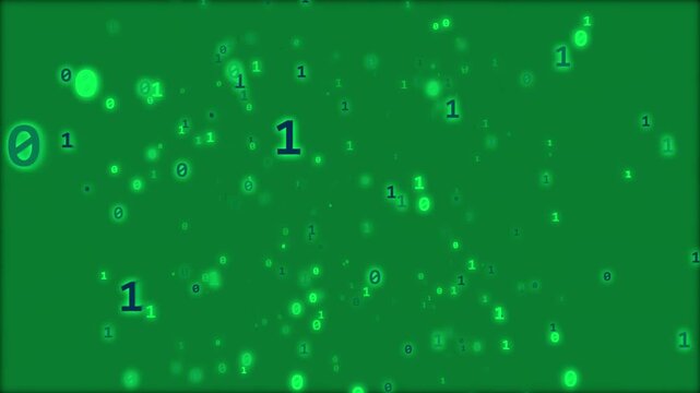Glowing binary code numbers floating on a dark green background representing digital technology