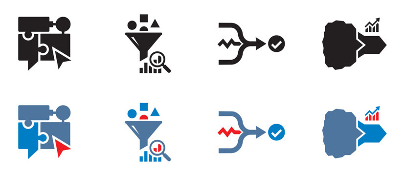 Data analysis and process flow icons featuring puzzles funnels charts graphs paths decision trees blue black color set.