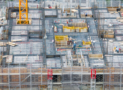 High Building Construction with Rebar and Formwork Work Progress