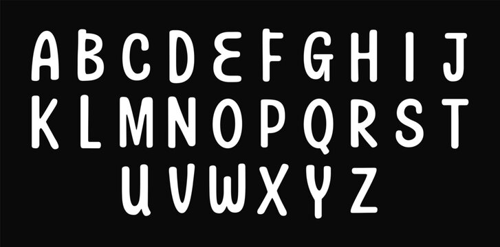 White uppercase alphabet letters A to Z on black background. Rounded handwritten sans serif font in three rows. Simple typography set for education, school, kindergarten, poster, and logo design.