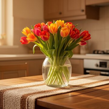 Colorful tulips in glass vase create vibrant centerpiece. Bright red and orange blooms stand out against wooden table. Soft light enhances warm, inviting atmosphere