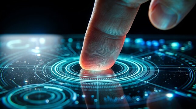 Futuristic touchscreen interface with glowing blue light, human finger touching interactive digital display screen, modern technology user interaction
