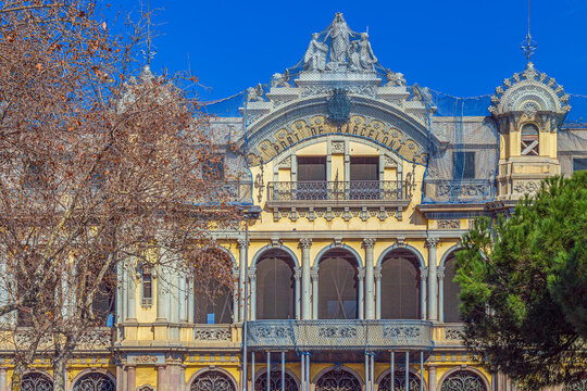 Barcelona, Spain: Main fa&ccedil;ade of the historic Edificio de la Junta de Obras del Puerto at Pla&ccedil;a del Portal de la Pau, an eclectic landmark in Port Vell near the Columbus Monument.
