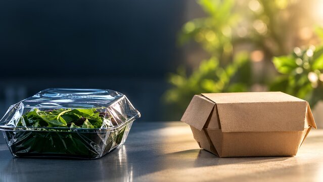 Premium comparison of plastic and recyclable paper packaging, contrasting glossy textures with warm fibers in dramatic light