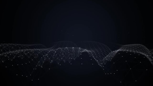 Abstract digital network wave with glowing dots and connecting lines on a dark background