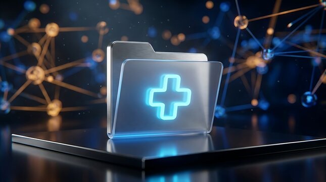 Digital medical folder icon with glowing blue cross, futuristic health data management concept, electronic health record storage