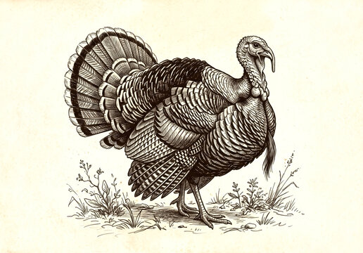 Vintage retro turkey sketch drawing in pencil ink style for Thanksgiving holiday print