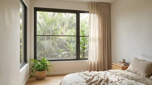 Bright bedroom interior with large windows overlooking lush green trees outside