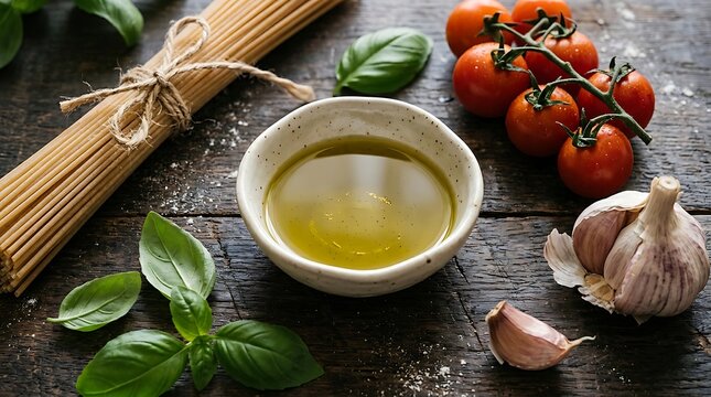 Fresh extra virgin olive oil in ceramic bowl, uncooked spaghetti pasta with cherry tomatoes and garlic on dark wood surface, authentic rustic italian food background