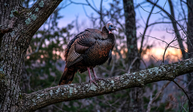 Wild turkey perched roosting safely on high tree branch during twilight dusk