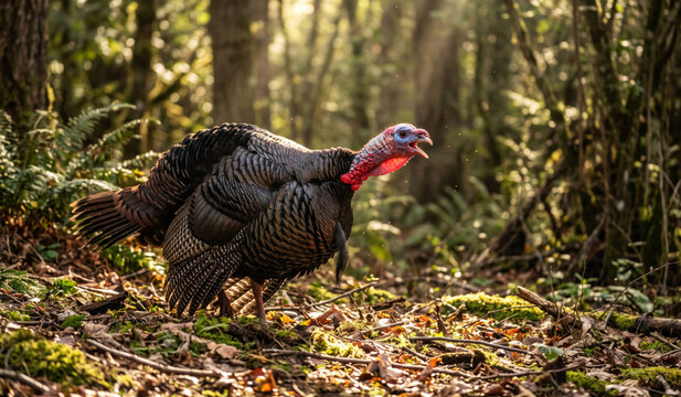Wild turkey gobbling with beak wide open in sunlit woodland forest clearing