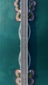 Aerial view of modern coastal sea bridge