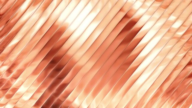 Glossy rose gold metallic vertical stripes moving fluidly in abstract seamless diagonal pattern showcasing brilliant light reflections across smooth polished surfaces