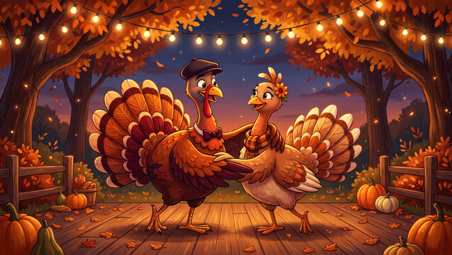 Cartoon turkey couple dancing together romantically under string lights on fall evening
