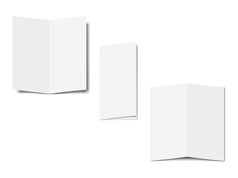 Blank white half fold brochure. Open, closed. Cover, inner, back side. Realistic mockup. Single folded vertical paper sheet. 3d vector mock-up. Bi fold card. Template for design
