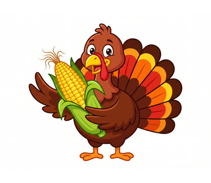 Cartoon turkey holding fresh corn cob isolated on white background