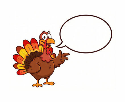 Cartoon turkey with empty speech bubble for custom text isolated on white
