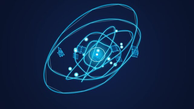 Glowing blue atom model with orbiting electrons and geometric structures on dark background science technology concept