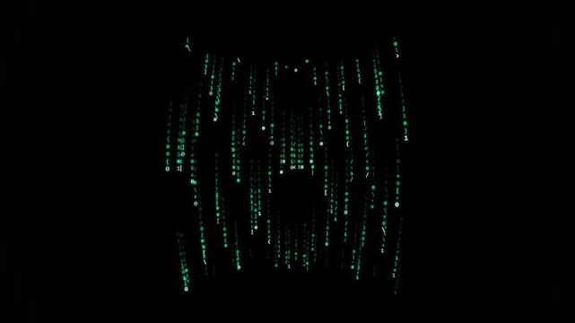 Green digital binary code falling down on a dark black background