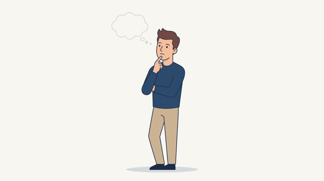Pensive Man with Thought Bubble: A young man stands with a hand on his chin, deep in thought, a blank thought bubble floating above his head, conveying contemplation and decision-making.