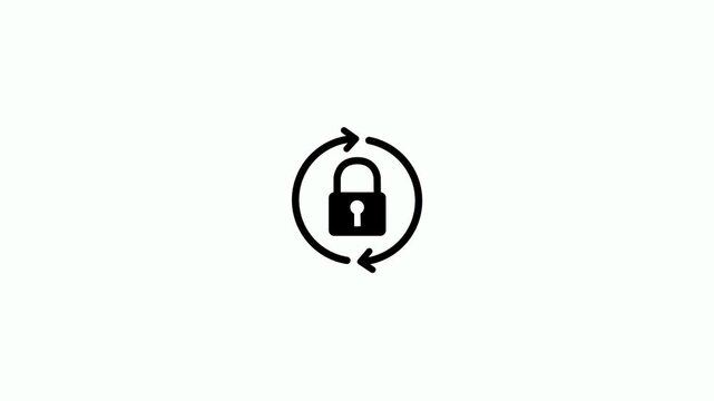 Security or padlock icon with rotating two curved arrows animation loop on white background. Padlock and sync arrows for constant data protection, privacy, secure and automated digital update process