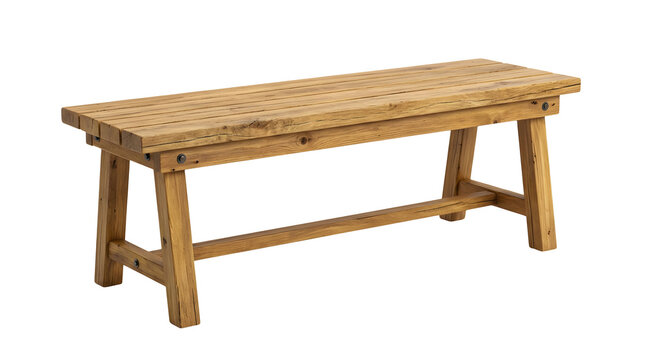 A rustic wooden bench crafted from multiple parallel planks with visible wood grain and knots, featuring sturdy slanted legs connected by a lower support stretcher, isolated on a white background