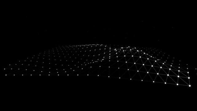 Abstract digital landscape with white glowing dots and connecting lines on a black background
