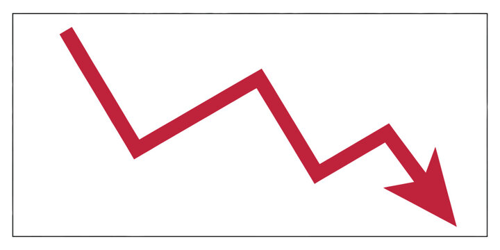 Downward arrow illustration, red and black arrow symbol, declining business metrics, negative performance, financial loss, economic downturn, vector design