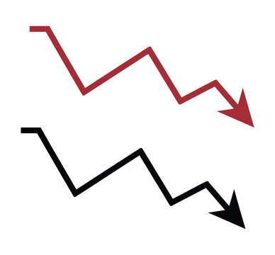 Downward arrow illustration, red and black arrow symbol, declining business metrics, negative performance, financial loss, economic downturn, vector design